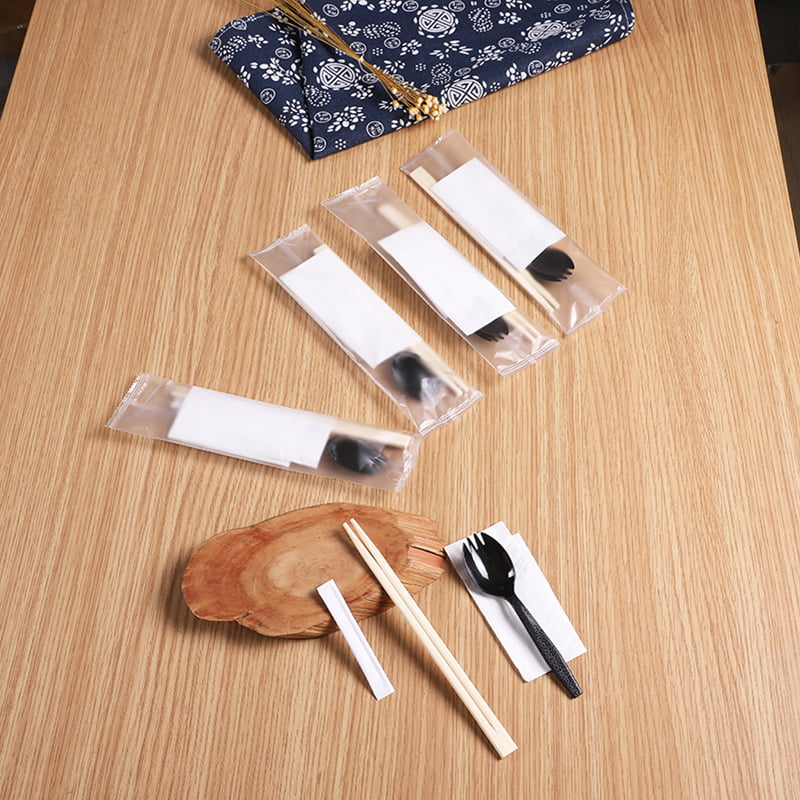 Tek Kullanımlık Bambu Çubuklarını 4'lü Spork Peçeteli Set Buzlu Kompozit Film Seti